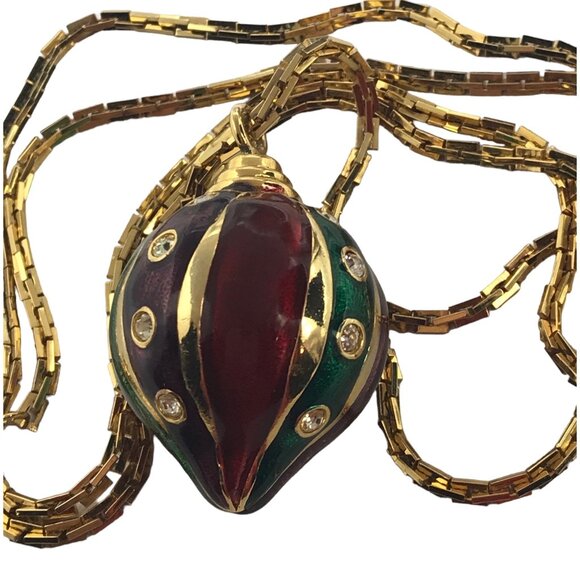 Gold Tone Red Purple Green Enamel Clear Rhinestone Orb Ornament Pendant Necklace - Picture 4 of 6